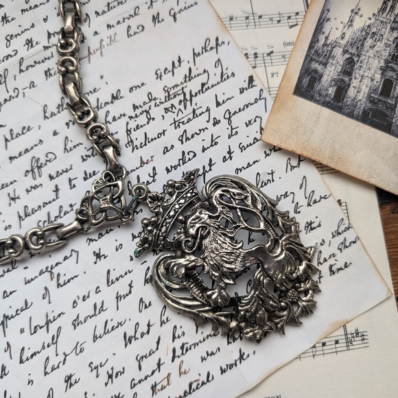 Ornate Silver Pendant Necklace Medieval Costume Jewelry - Picture 1 of 8